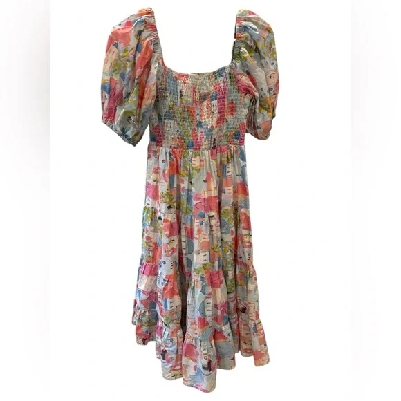 Pinch Pink and Green Smocked Puff Sleeve Tiered Sundress Size M, Pre-Owned EUC - Picture 1 of 7